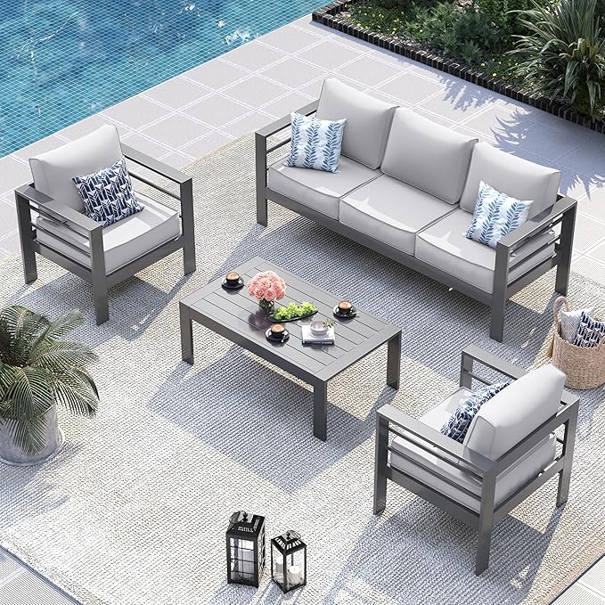 UDPATIO 6 Piece Aluminum Patio Furniture Set, Oversized Modern Outdoor Furniture Set with Olefin Fabric Cushion for Patio Deck Backyard, Grey(with Waterproof Covers)