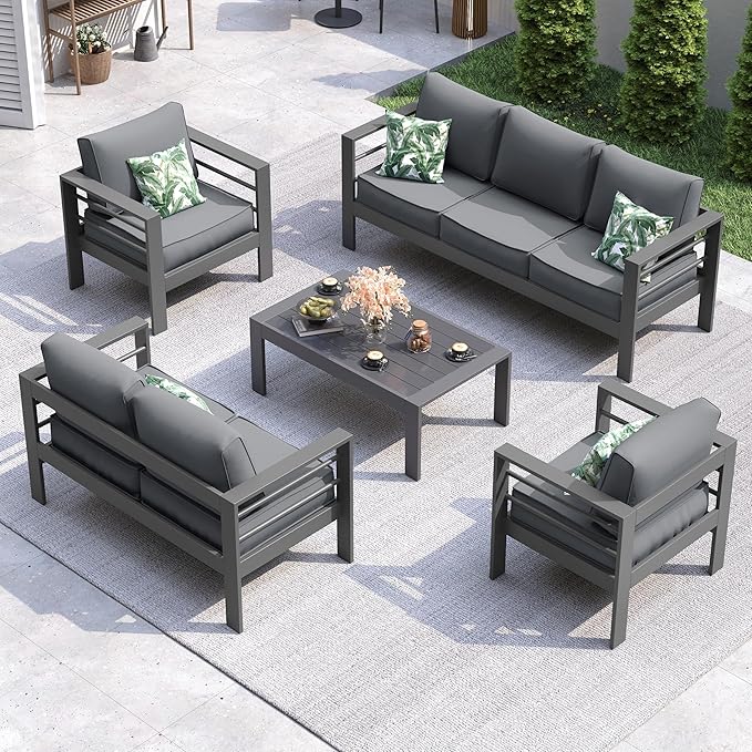 UDPATIO 8 Piece Aluminum Patio Furniture Set, Oversized Modern Outdoor Furniture Set with Olefin Fabric Cushion for Patio Deck Backyard, Dark Grey(with Waterproof Covers)