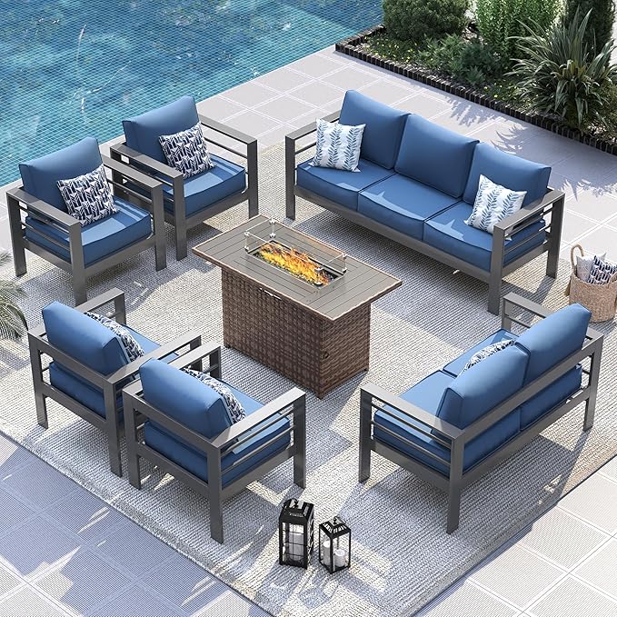 UDPATIO 10 Piece Aluminum Patio Furniture Set with Wicker Fire Pit Table,Mordern Outdoor Furniture Set with Water-Proof Cover Included, Dark Grey/Navy