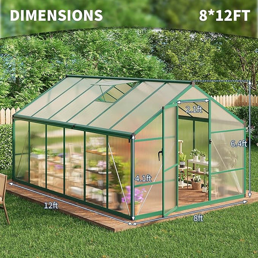 8 x 12 ft Greenhouse, Greenhouses for Outside, Polycarbonate Greenhouse with Aluminum Frame, Lockable Door and Ajustable Roof Vent for Backyard, Green Houses for Outside Garden Backyard, Patio