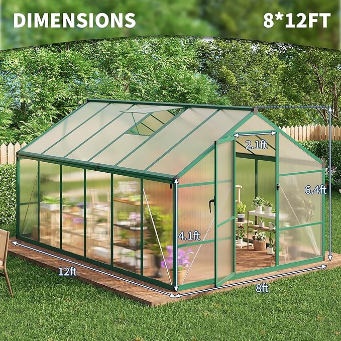 8x12 ft Greenhouse for Outdoors, Polycarbonate Greenhouse with Roof Vent, Ground Nails, Lockable Push Door, Aluminum Large Walk-in Green House for Outside Garden Backyard, Patio, Lawn, Green