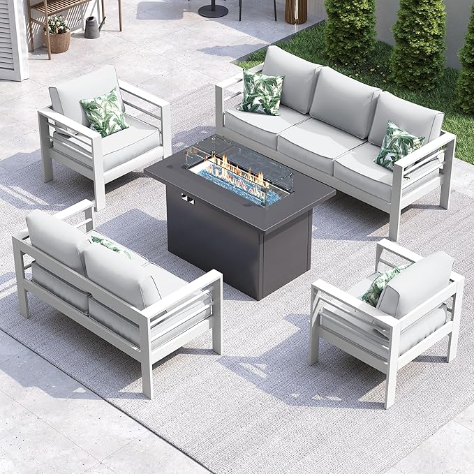 UDPATIO 6 Piece Aluminum Patio Furniture Set with Aluminum Fire Pit Table,Mordern Outdoor Furniture Set with Water-Proof Cover Included,White